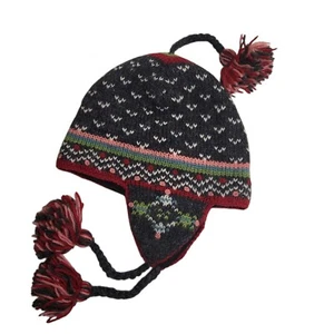 Women's Lost Horizons Ski Hat Cap Beanie Gray Pink Floral 100% Wool Lined Tassel - Picture 1 of 4