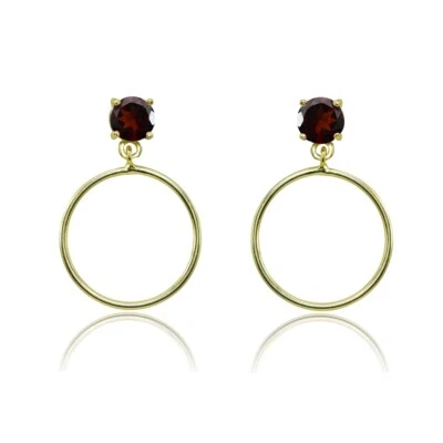 Yellow Gold Flashed Sterling Silver 5mm Garnet Dangling Round Hoop Stud Earrings - Image 1 of 3