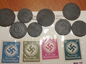 Nazi Germany ONE COIN/STAMP Set Reichspfennig Hitler WWII Vintage Collectibles - Picture 1 of 5