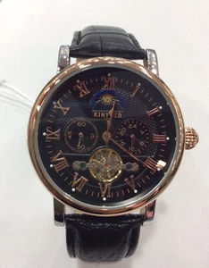 Mens Automatic Flywheel Black Leather Luxury Bling Skeleton Mechanical Watch - Picture 1 of 6