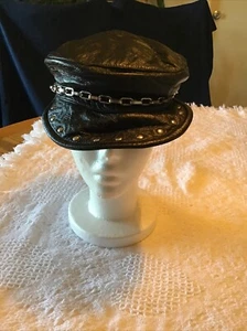 Men's Vintage Black Leather Biker Hat Chain Studs Newsboy Cap Adjustable - Picture 1 of 8