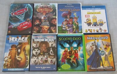 8 KIDS FAMILY MOVIES DVD LOT CARS 2 SNOW DOGS SCOOBY DOO MINIONS ICE AGE DINOS + - Image 1 of 4