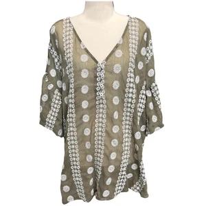 Size XL Bohemian Sage Green Women Embroidered Blouse Balloon sleeves Baggy - Picture 1 of 8