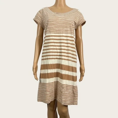 Anthropologie Maeve Haven MEDIANO Beige Blanco Rayas Tejido Informal Camiseta Vestido Foto 1 de 4