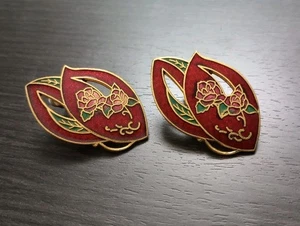 Vintage Large Oval Stud Red Floral Earrings - Picture 1 of 2