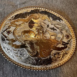 Montana Silversmiths Belt Buckle Men's Silver Engraved + 2 Stones Cowboy Vintage - Picture 1 of 24