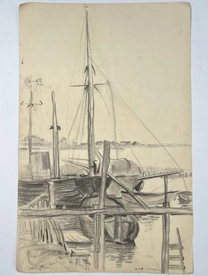"Dibujo a lápiz de posguerra de veleros de madera en muelle de colección dibujo de bellas artes 19x12""" Foto 1 de 4