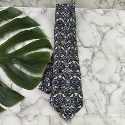 Corbata Fox & Chave Victoria Albert Para Hombres Cuello de Seda Azul Verde Floral Pájaros Inglaterra Foto 1 de 4