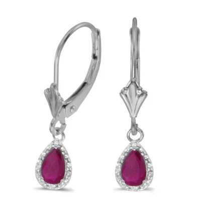 10k White Gold Pear Ruby And Diamond Leverback Earrings - Image 1 of 3