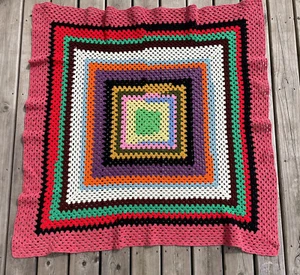 VTG Handmade Crochet Afghan Throw Blanket Multicolor Rainbow 48x48 Cottage - Picture 1 of 6