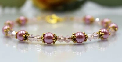 Glass Jewels Gold Armband Perlen Pink Rosa Sommer Zart Länge 20 cm #H046 - Bild 1 von 3