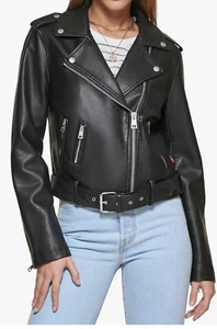 LEVI'S WOMEN'S FAUX LEATHER BELTED MOTORCYCLE JACKET - SIZE LARGE - BLACK - Picture 1 of 5