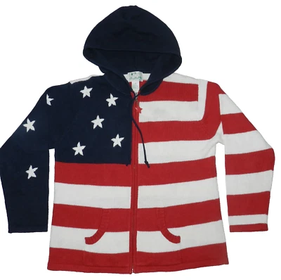 Quacker Factory Cardigan Sweater Sz M Hooded Flag Patriotic Zip Up Stars Stripes - Image 1 of 4