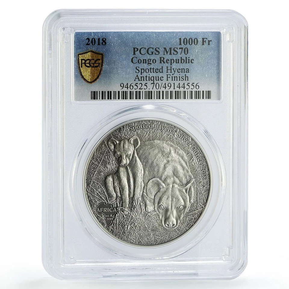 Congo 1000 francs African Ounce Wildlife Hyena Fauna MS70 PCGS silver coin 2018 - Image 1 of 2