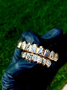 Italy 14k Gold Finish Cluster CZ VVS Cut Custom Slugs Top Bottom Set GRILLZ - Picture 1 of 15