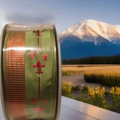 Green Wired Ribbon With Red Fleur-de-lis 1.5" By 25M/82FT made in France - Image 1 of 4