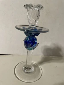 Venetian Murano Art Glass Blue Candlestick Holder - Picture 1 of 12