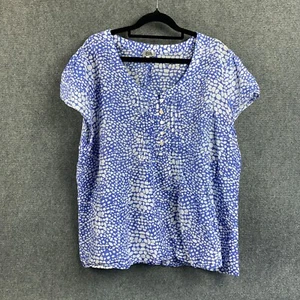 BIB Top Womens Plus 18 Blue White Silk Blend Sheer Short Sleeve Half Button - Picture 1 of 11