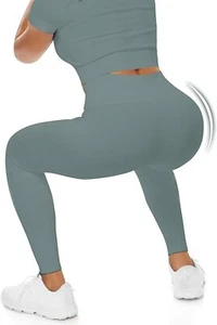 Workout Leggings for Women High Waist Ribbed Seamless Biker Shorts (Grey,Size:M) - Picture 1 of 4