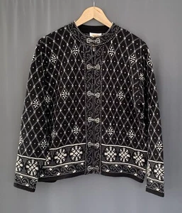 Talbots Nordic Cardigan Sweater Size Medium Black Snowflake Silver Clasp Vintage - Picture 1 of 18