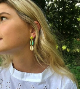 J Crew Earrings Shell Drop Statement Blue White Gold Multicolor Beach Tropical - Picture 1 of 3