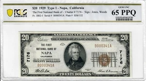 1929 $20 NAPA, CALIFORNIA PCGS GEM UNC 65 PPQ, Low SN B000341A - Picture 1 of 2
