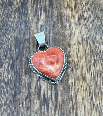 Navajo Handmade Sterling Silver Red Spiny Oyster Shell Heart Shaped Pendant - Image 1 of 3