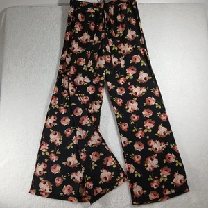 Like an Angel Palazzo Tie Pant High Slits Flare Black Pink Floral Pull On XL - Picture 1 of 10