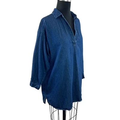 MUJI синий туника верхний хлопок джинсовой ткани раздельный воротник изогнутый подол пуловер средний M - Изображение 1 из 4
