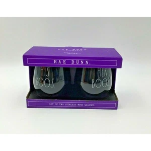 Rae Dunn His Boos Her Boos Halloween Stemless Black Wine Glasses Set Of 2 - Picture 1 of 1