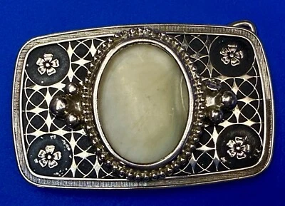 Hebilla de cinturón vintage de piedra cabujón CAB ágata color crema color plata y negro Foto 1 de 4