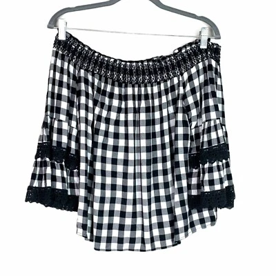 🟢 XHILARATION Women's Size Medium Gingham Off The Shoulder Tunic Blouse - Image 1 of 4