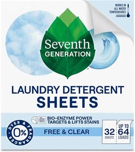 Seventh Generation Laundry Detergent Sheets, Up to 64 Loads, Free & Clear, Made - Picture 1 of 3