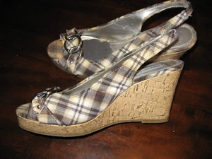American Eagle, Sandals, Brown Plaid ,Slip on, 3" Wedge Heel,Silver Accent,8.5 M - Picture 1 of 9