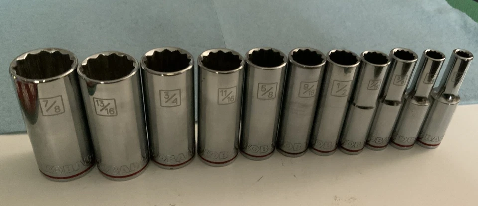 KOBALT 11pc 3/8 Drive SAE Deep 12pt Sockets, 1/4in. - 7/8in. - Red Band At Base - Image 1 of 4