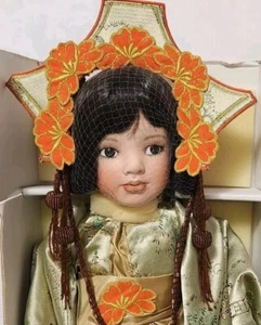 Paradise Gallery Porcelain Asian Doll 21" Golden Blossom By Kelly RuBert Kimono - Picture 1 of 13