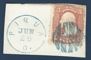 BLUE FANCY CANCEL PIECE PIQUA OHIO, GORGEOUS US STAMP ON PAPER PIECE - Picture 1 of 1