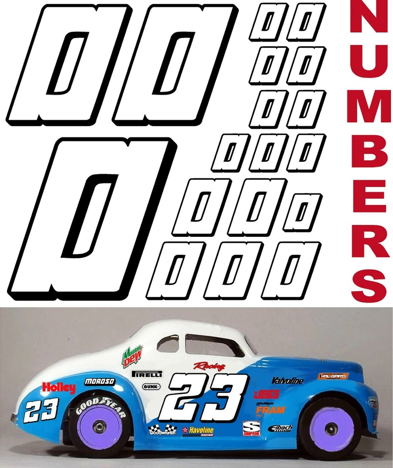 WHITE w/Black (#0's) Racing Numbers Decal Sticker Sheet 1/8-1/10-1/12 AMAIN HPI - Image 1 of 4