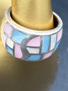 Sterling Silver Mosaic Enamel Ring Sz. 8.25 Pink, Blue & White Pearlized - Picture 1 of 10