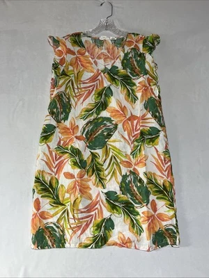 Nicole Miller Linen Shift Dress Large Tropical Leaf Print Flutter Sleeve V Neck - Image 1 of 4