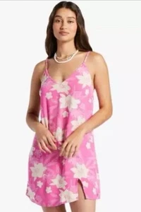 Roxy Day Trip Mini Slip Shift Dress Pink Hawaii Floral 100% Viscose Juniors M 10 - Picture 1 of 12