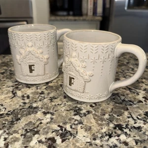 Set Of 2 Anthropologie Snowcap Reactive Glazed Monogram Initial F Mug Embossed - Picture 1 of 7