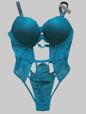 $95 VICTORIAS SECRET SEXY PELUCHE BLING BRILLO CORREAS LENCERÍA PUSH-UP TURQUESA XL Foto 1 de 4