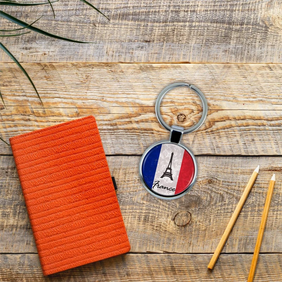 CITY SOUVENIRS VILLA CRAFT France Flag and Eiffel Tower Keychain with Epoxy Dome and Metal Keyr