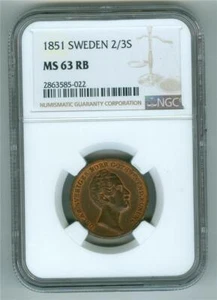 SWEDEN 1851 2/3 SKILLING COPPER NGC MS-63 RB BU - Picture 1 of 2