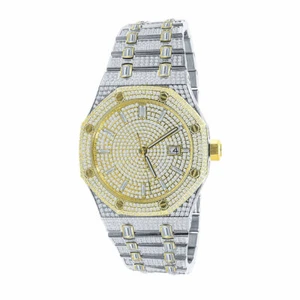 Full Icy Steel Baguette Men's Gold 2 Tone Finish Simulated Diamonds 42 mm Watch - Picture 1 of 6