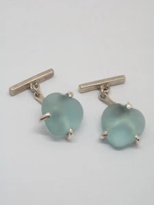Boutons de Manchette en Argent 925 avec Coeur Quartz Optique Bleu - Pierre Dure - Picture 1 of 2