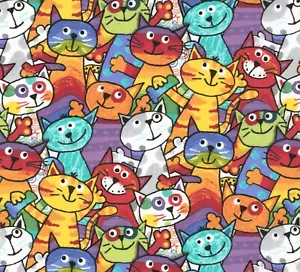 PREMIUM PRINT FABRIC - PACKED PLAYFUL COLORFUL CATS ALL OVER - 1 1/2 YARDS - Picture 1 of 1
