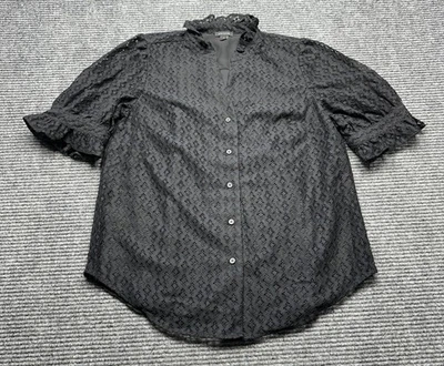 Ann Taylor Shirt Womens XS Black Lace Button Front Ruffle Mock Neck Eyelet Top - Image 1 of 4