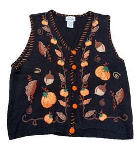 VTG Basic Editions FALL Knit Sweater Vest EMBROIDERED Leaves & Pumpkins SIZE 1X - Picture 1 of 4